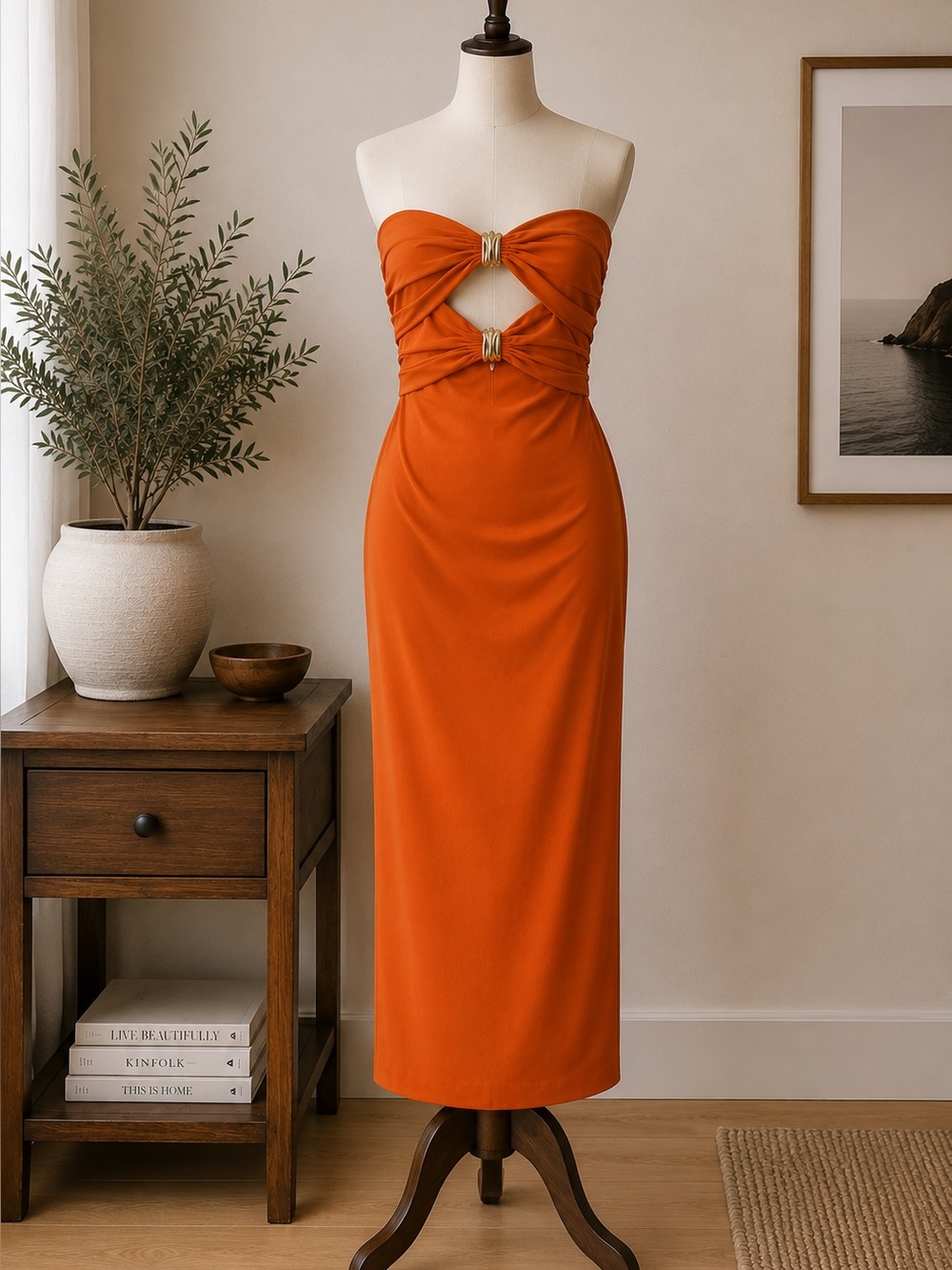 NWOT Torn by Ronny Kobo Orange Ruched Gold Hardware Bodycon Maxi Dress Size S